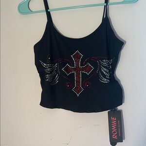 ROMWE Black Rhinestone Cross Tank Top R2K gothcore